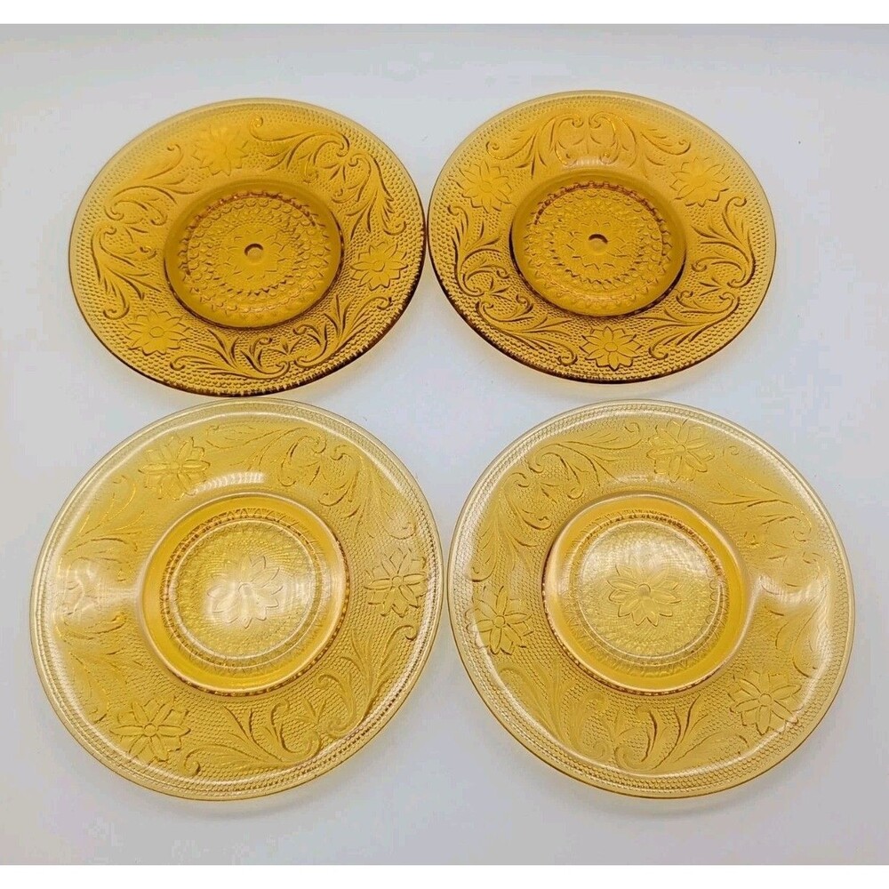 4 Tiara Indiana Glass Amber Daisy Sandwich 6" Saucer Plate